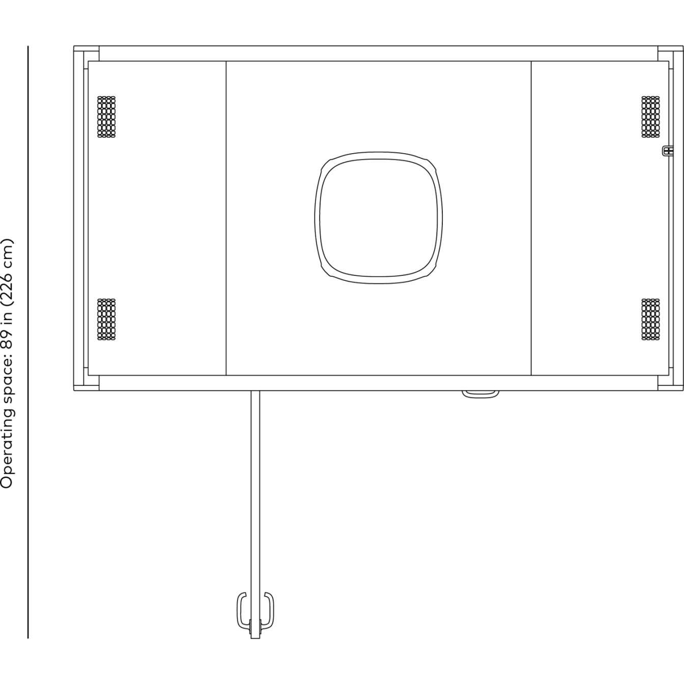 Black and white line drawing with dimensions of Framery Gradus Huddle pod operating space of door.