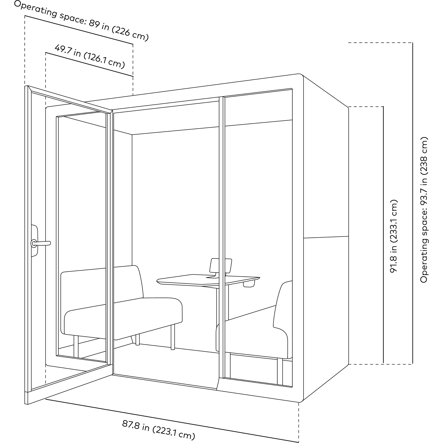 Black and white line drawing with dimensions of Framery Gradus Huddle pod operating space of door.