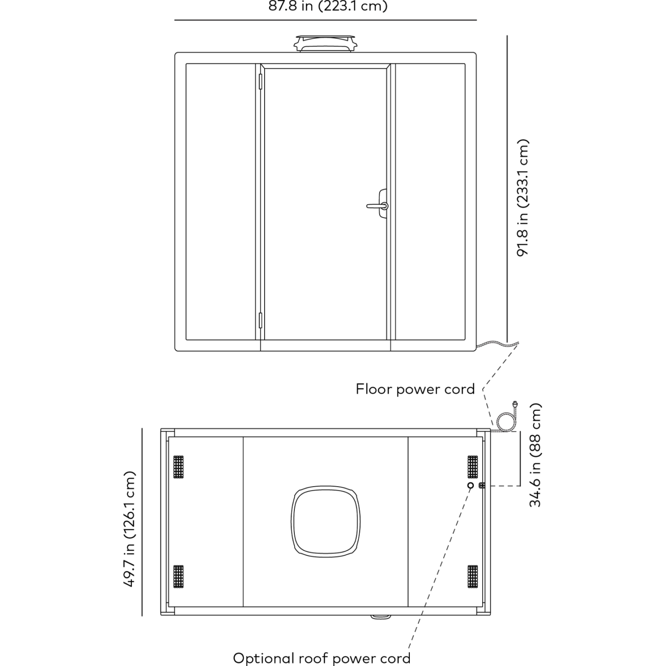 Line drawings with measurements of Framery Gradus Huddle pods power cord specifications.