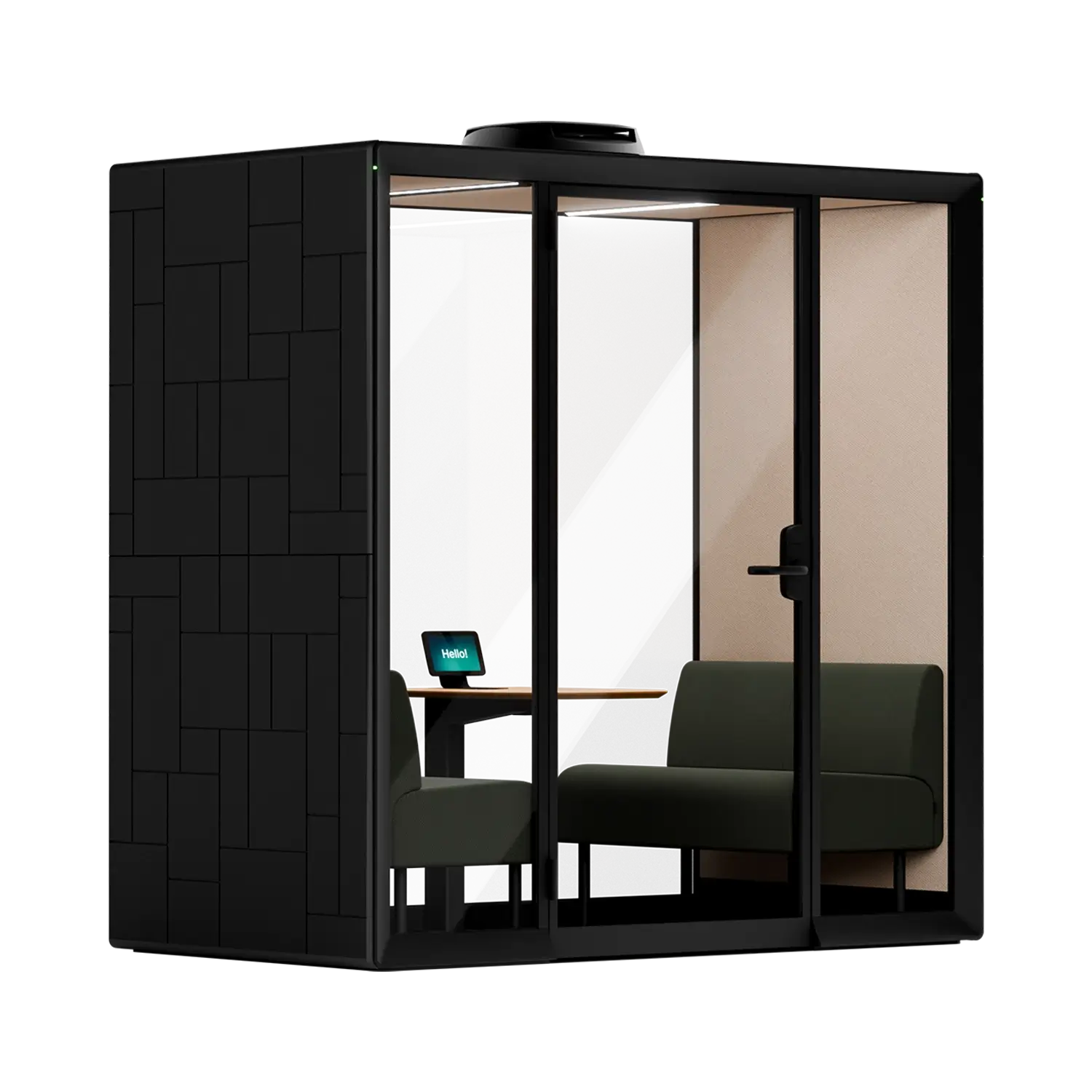 A Framery Gradus Huddle smart and soundproof huddle room with charcoal wall panel exterior, two sofas and a desk inside.