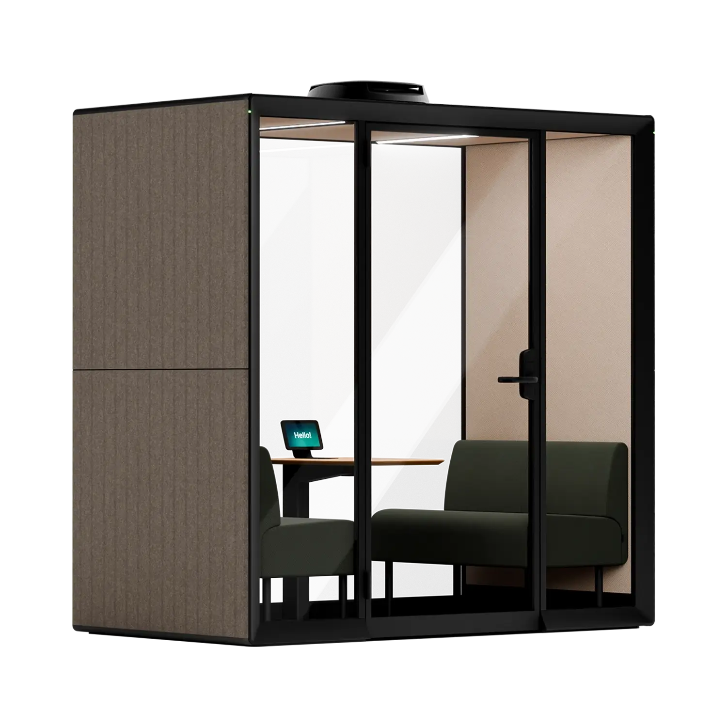 A Framery Gradus Huddle smart and soundproof huddle room with fabric wall panel exterior, two sofas and a desk inside.