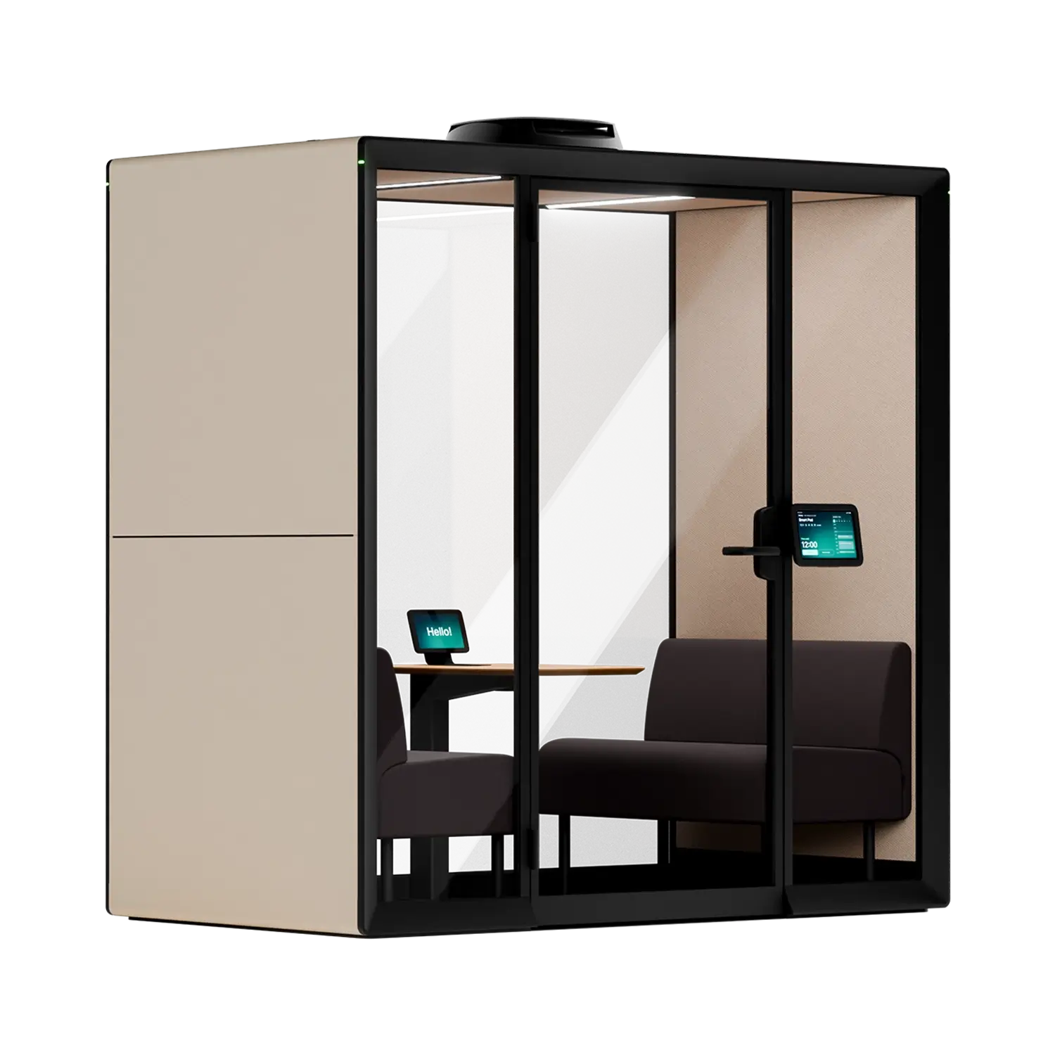 A Framery Gradus Huddle smart and soundproof huddle room with sand exterior, room display, two sofas and a desk inside.