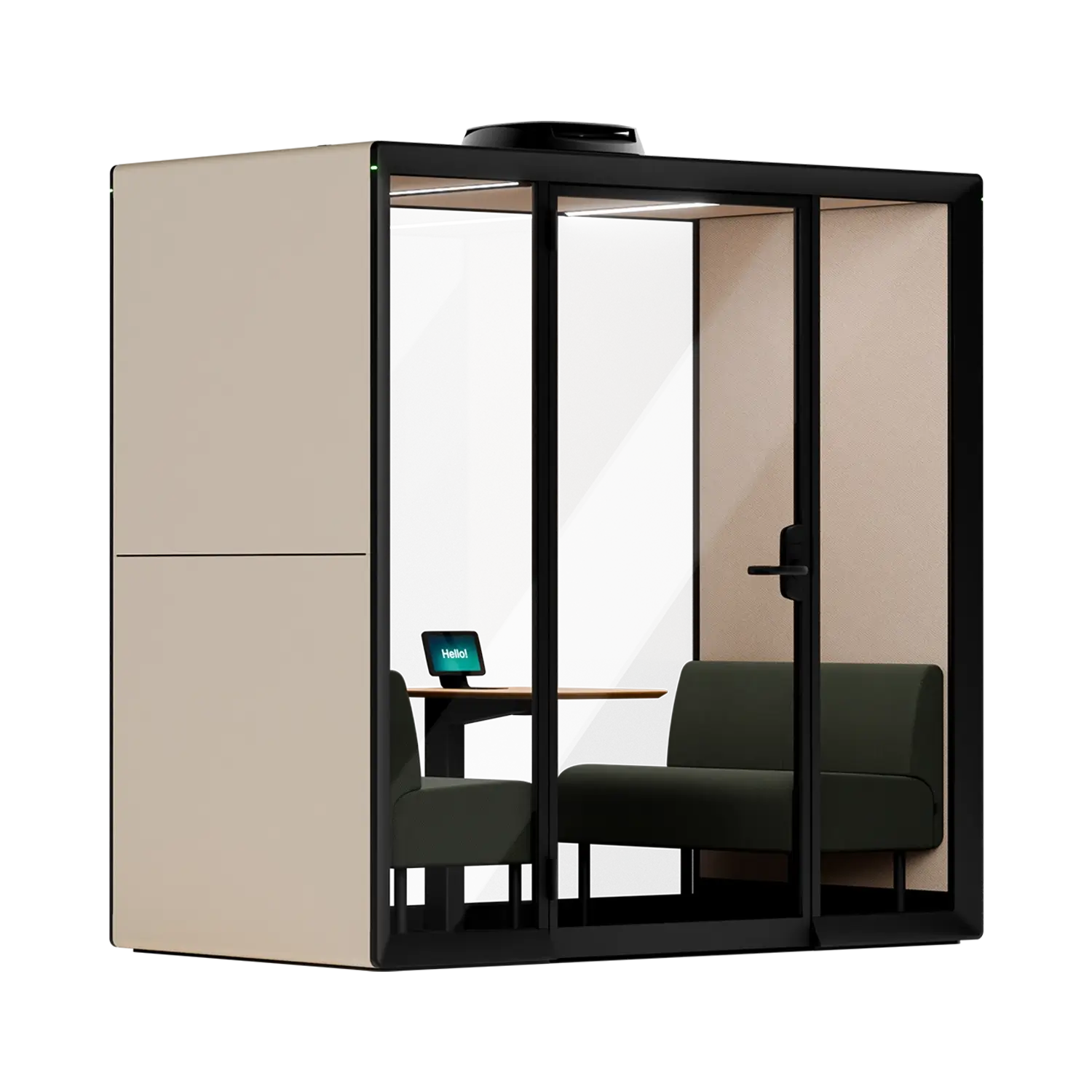 A Framery Gradus Huddle smart and soundproof huddle room with sand exterior, two sofas and a desk inside.