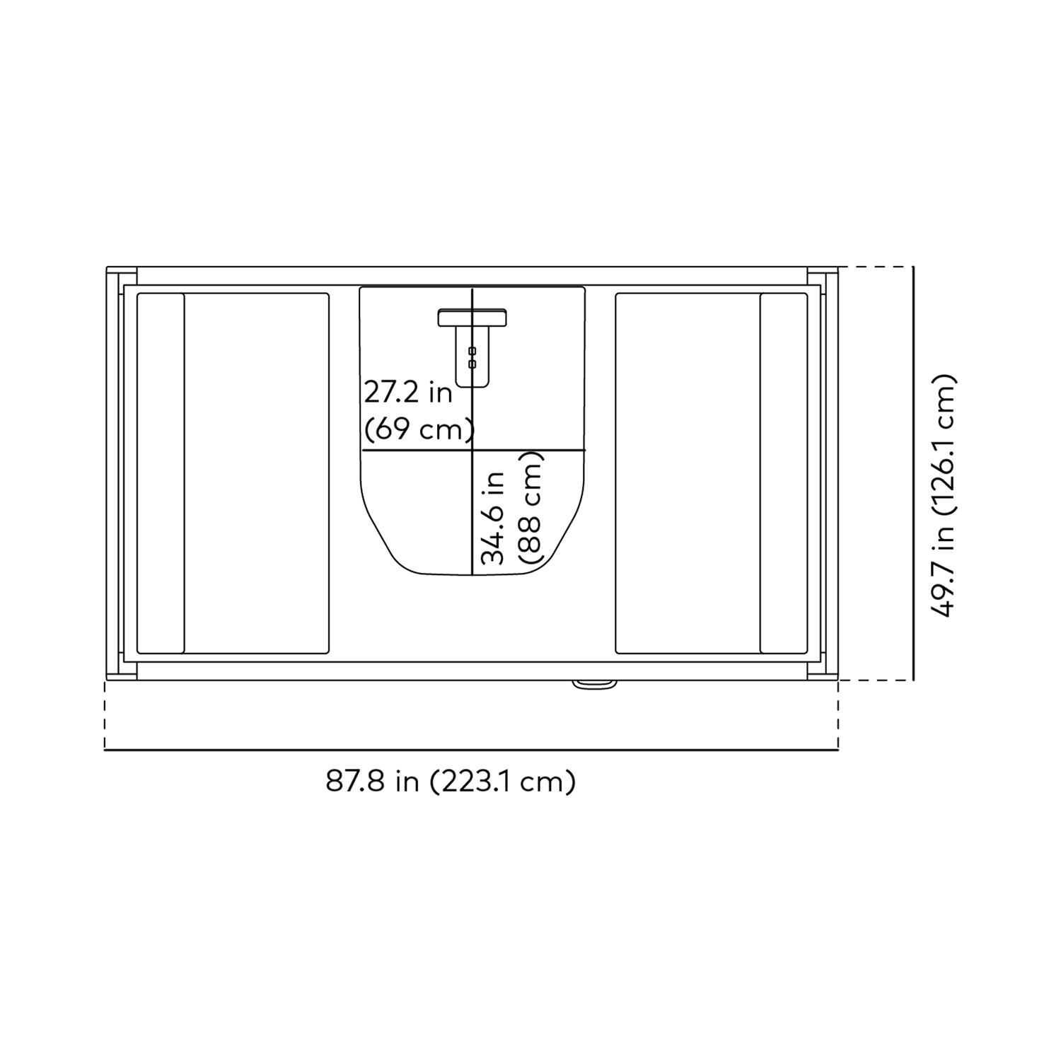 Black and white line drawing with dimensions of Framery Gradus Huddle room top view.