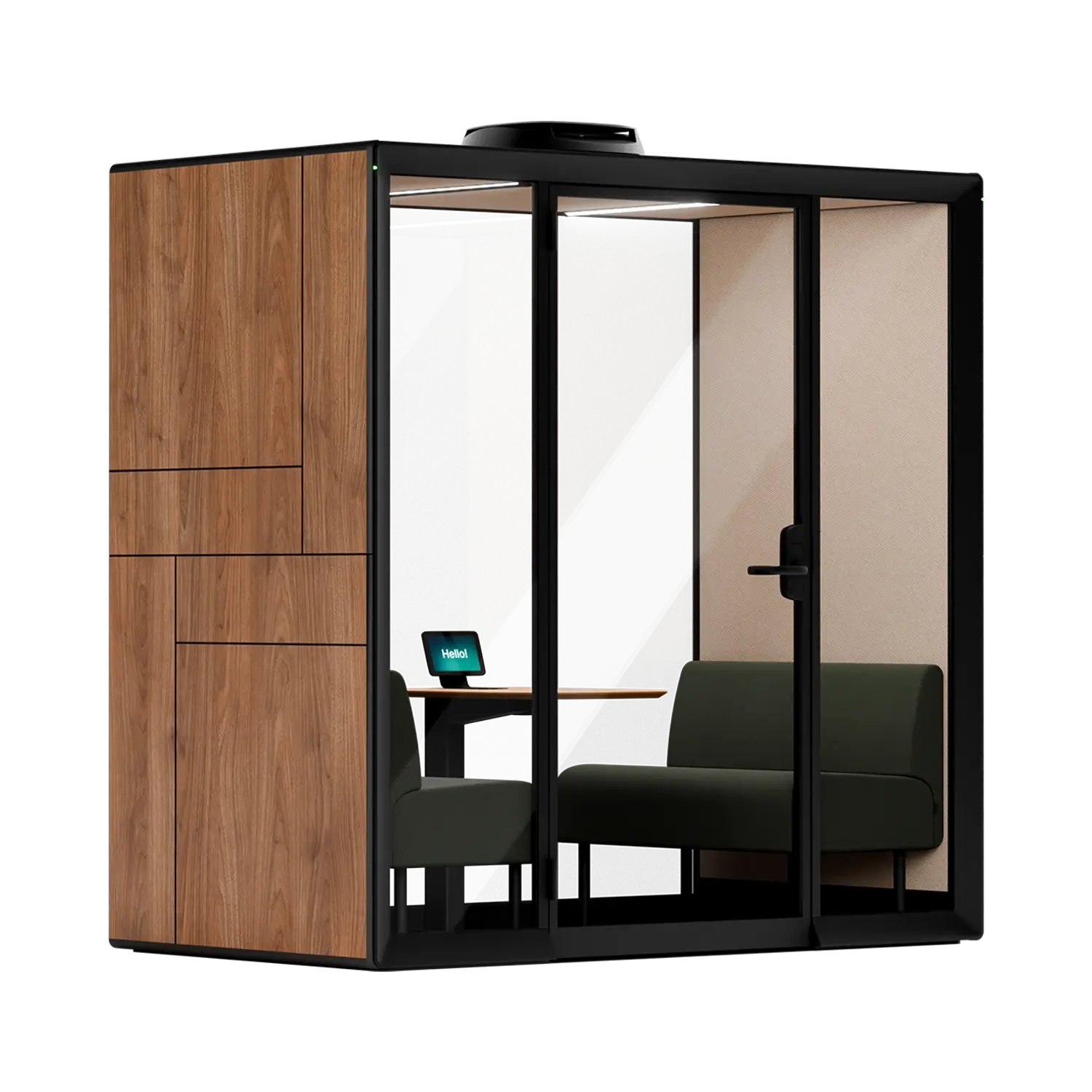 A Framery Gradus Huddle smart and soundproof huddle room with wooden walnut wall panel exterior, two sofas and a desk inside.
