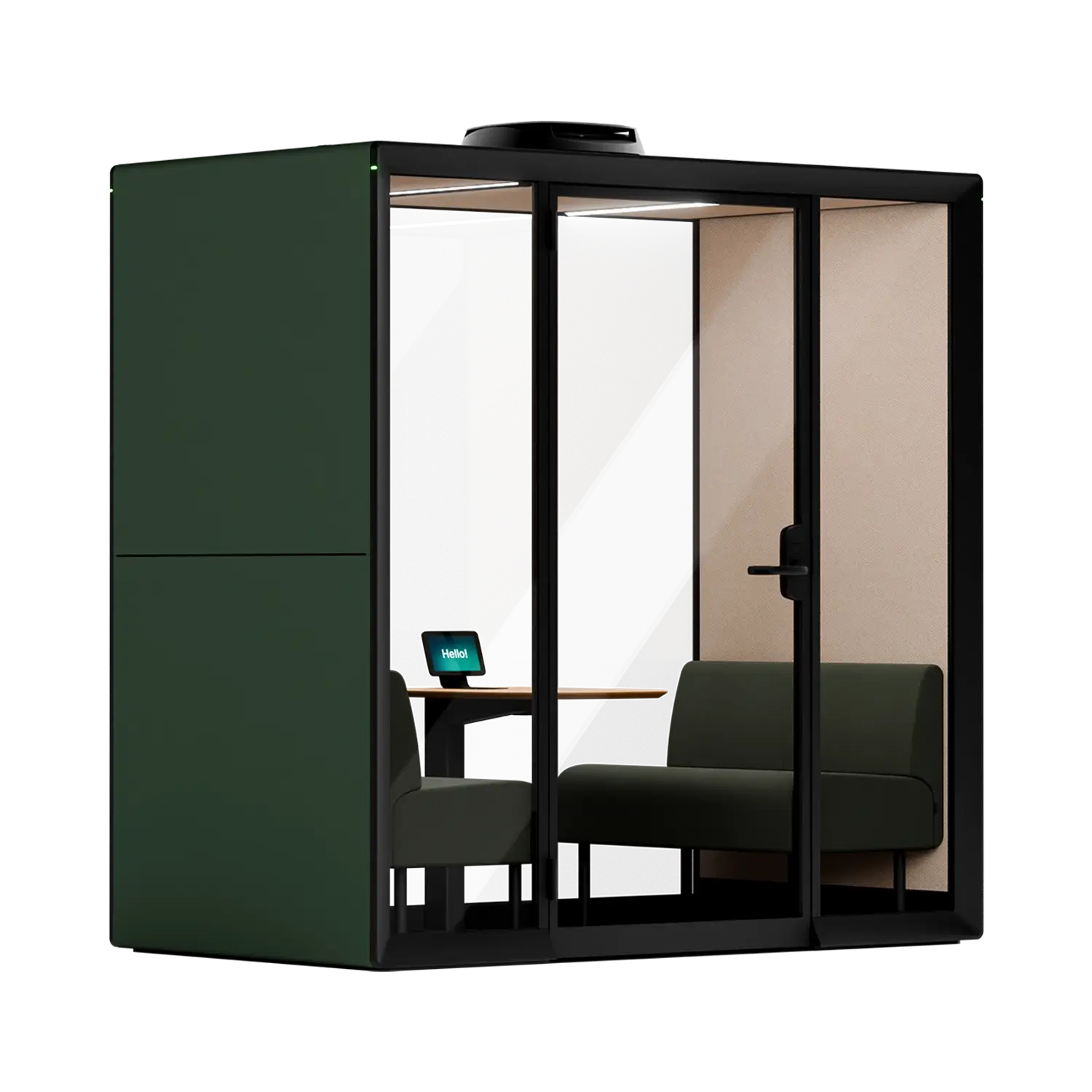 A Framery Gradus Huddle smart and soundproof huddle room with winter moss exterior, two sofas and a desk inside.