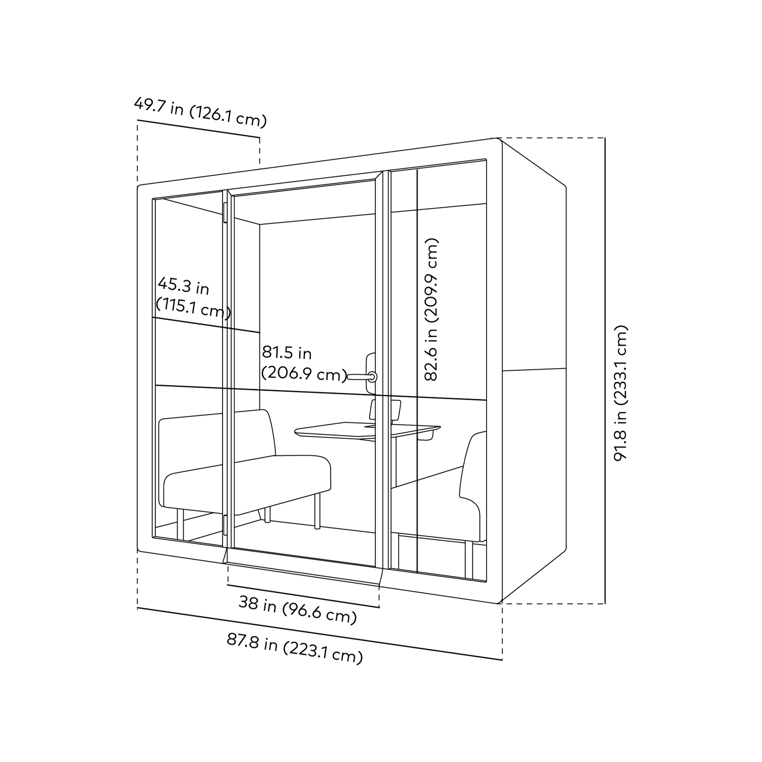 Black and white line drawing with dimensions of Framery Gradus Huddle room side view.