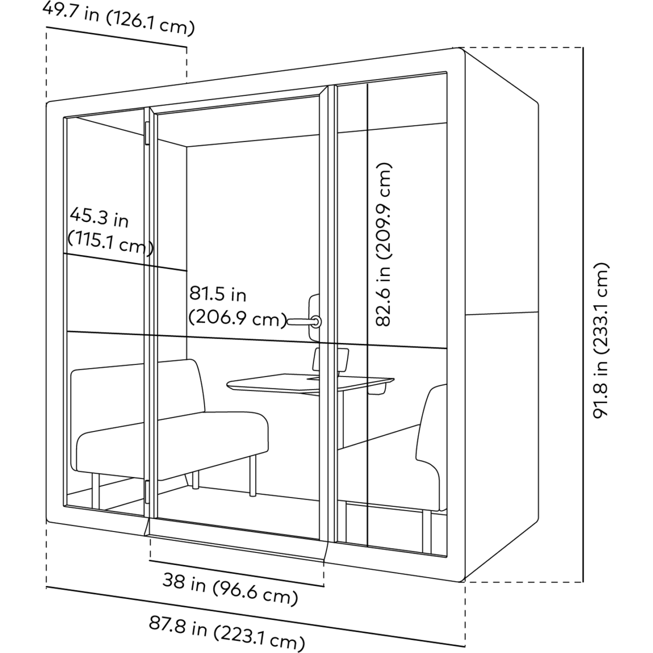 Black and white line drawing with the main dimensions of Framery Gradus Huddle pod.