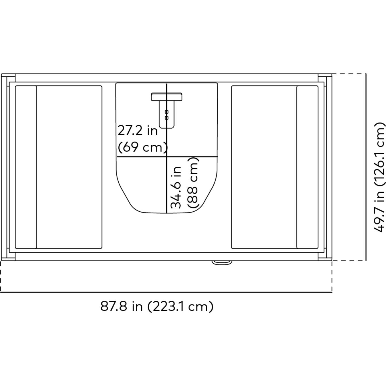 Black and white line drawing with dimensions of Framery Gradus Huddle pod from top view.