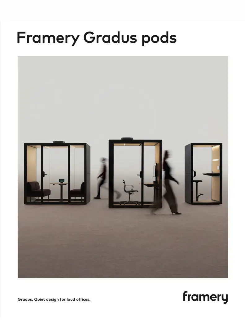 Three glass-walled Framery Gradus office pods with blurred people walking past.