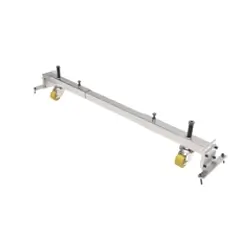 A long metal beam with end brackets and yellow roller wheels. A movability kit for Framery Gradus Work and Huddle smart pods.