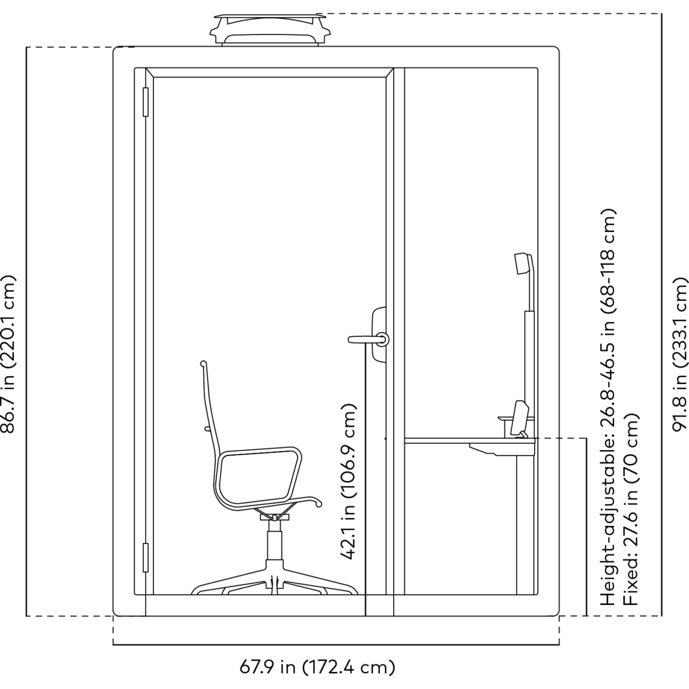 Black and white line drawing with dimensions of Framery Gradus Work pod front view.