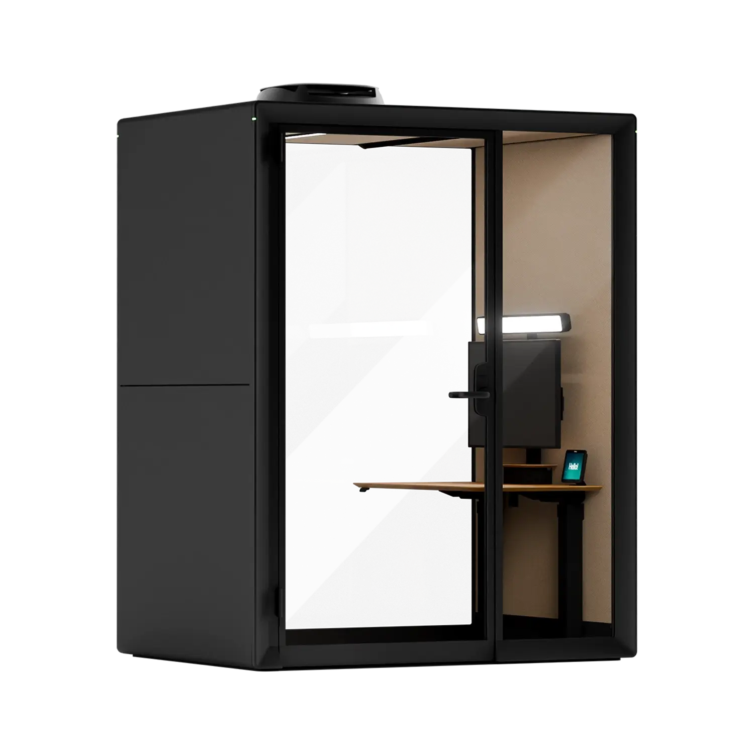 A Framery Gradus Work smart and soundproof work pod with black exterior and a desk inside.