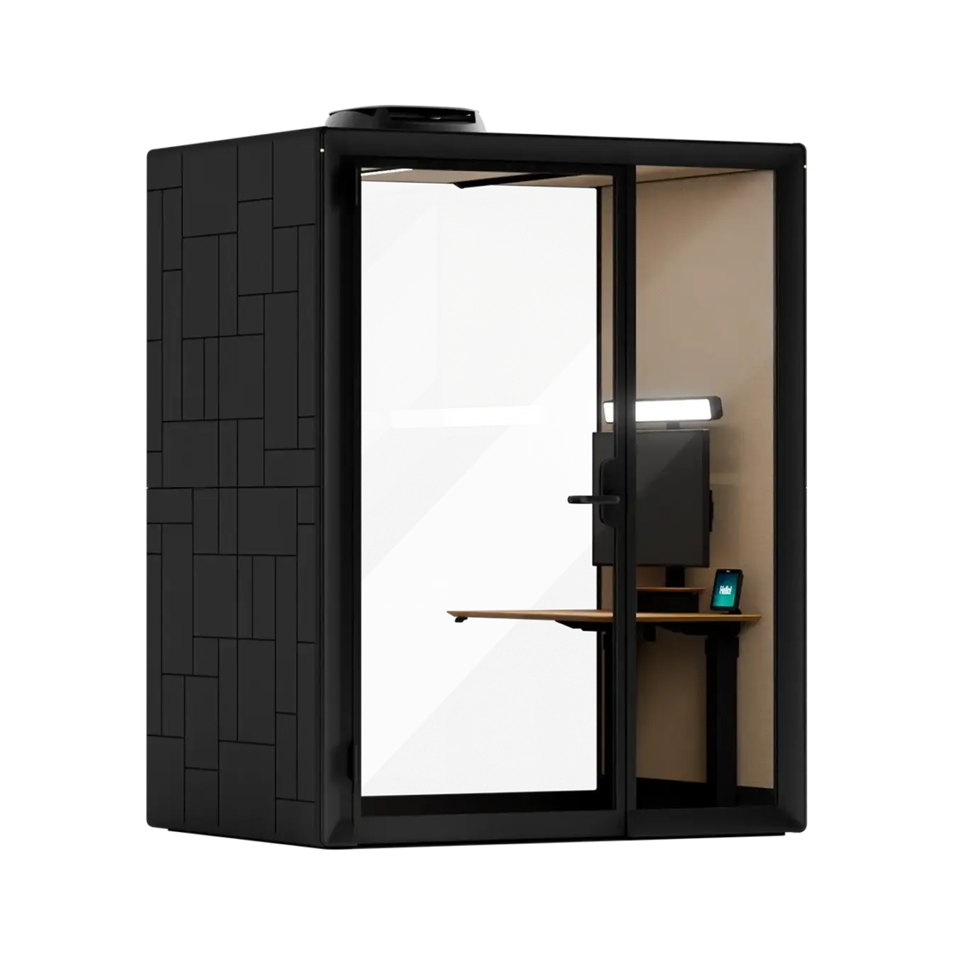 A Framery Gradus Work smart and soundproof work pod with charcoal grid exterior and a desk inside.