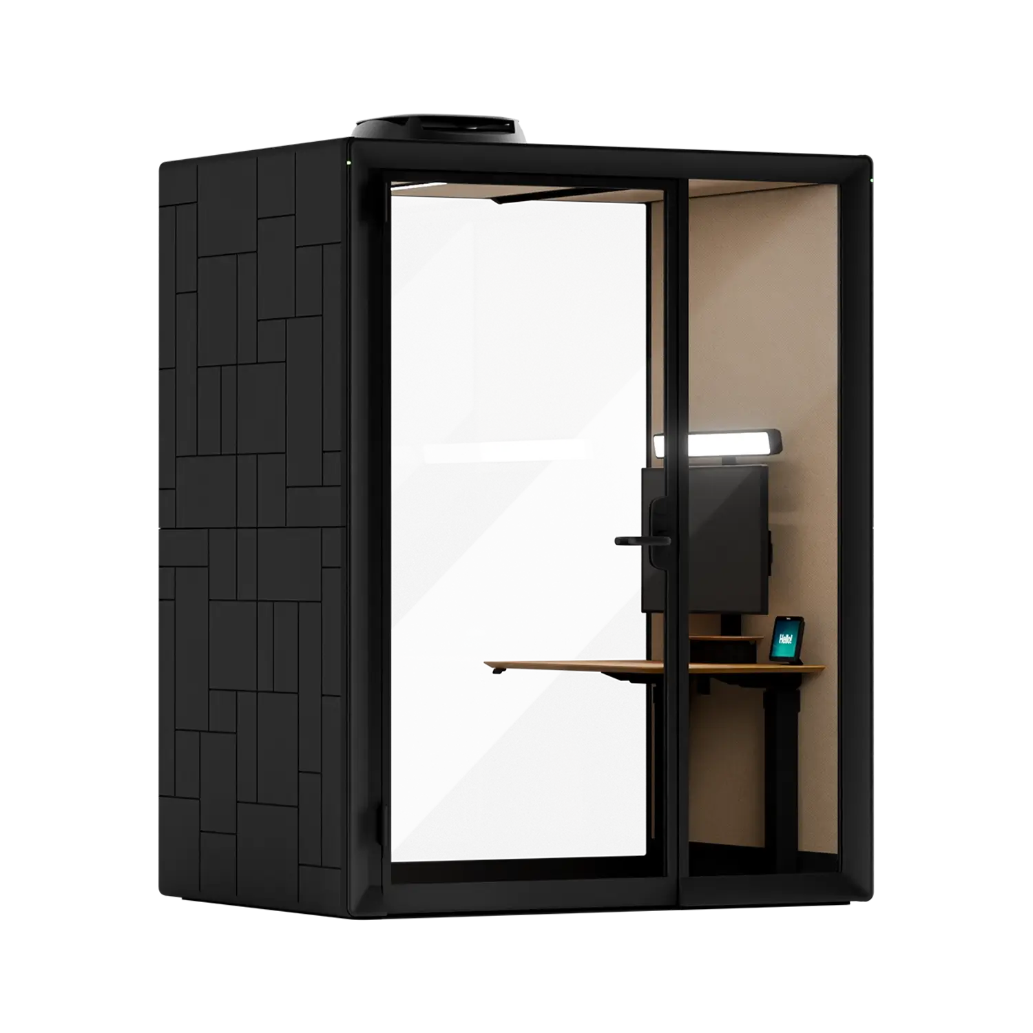 A Framery Gradus Work smart and soundproof work pod with charcoal grid exterior and a desk inside.