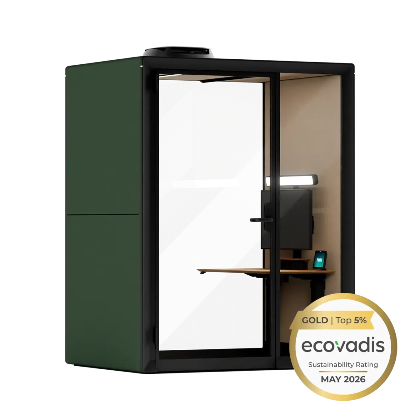 Compact glass-front Framery Gradus Work smart office pod with a desk and computer monitor inside and with an Ecovadis Gold certificate mark.
