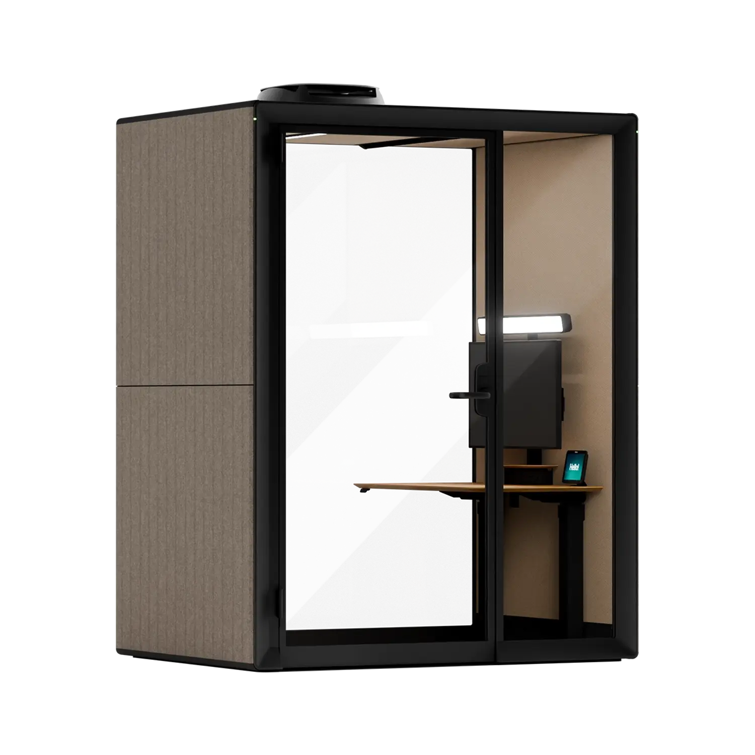 A Framery Gradus Work smart and soundproof work pod with fabric exterior and a desk inside.