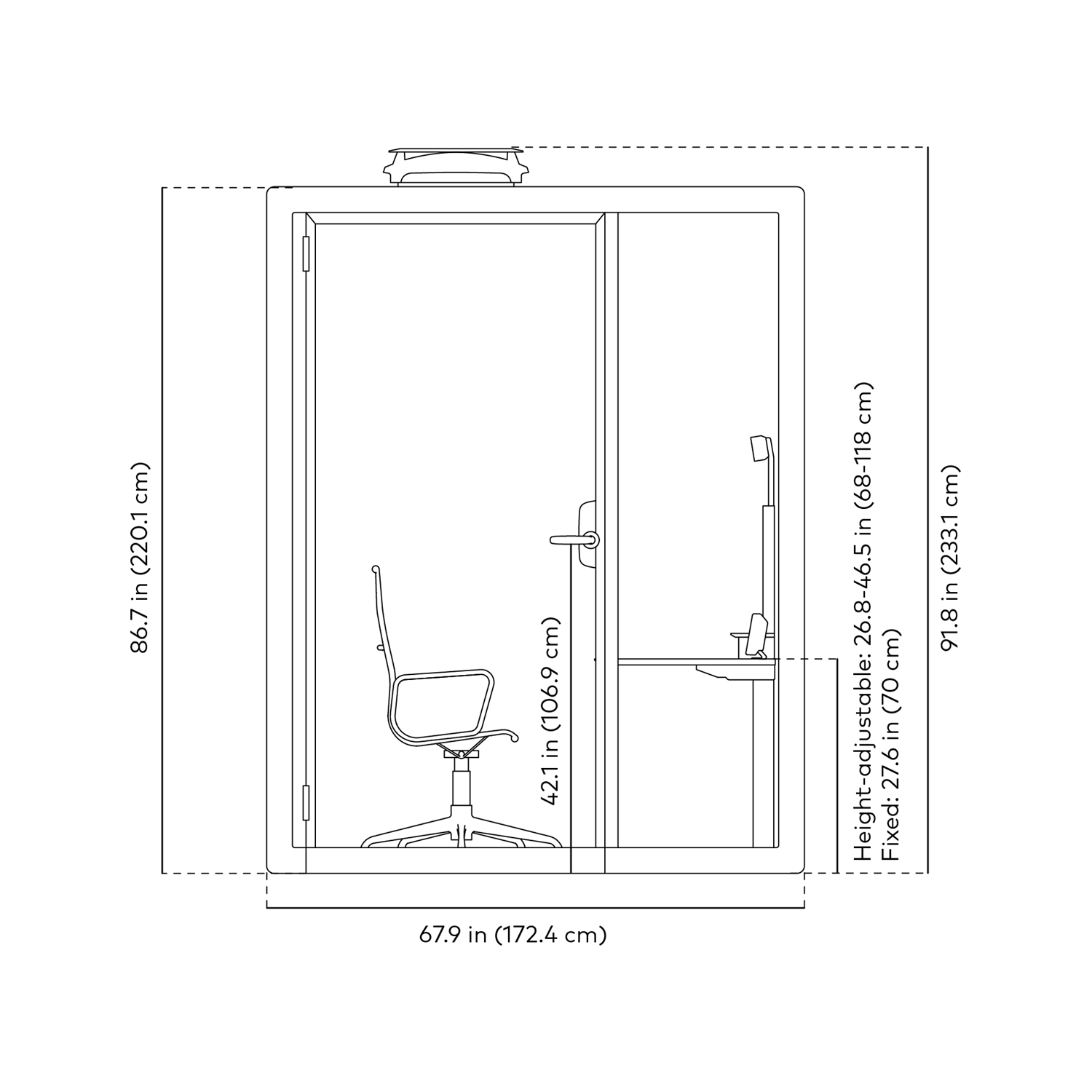 Black and white line drawing with dimensions of Framery Gradus Work pod front view.