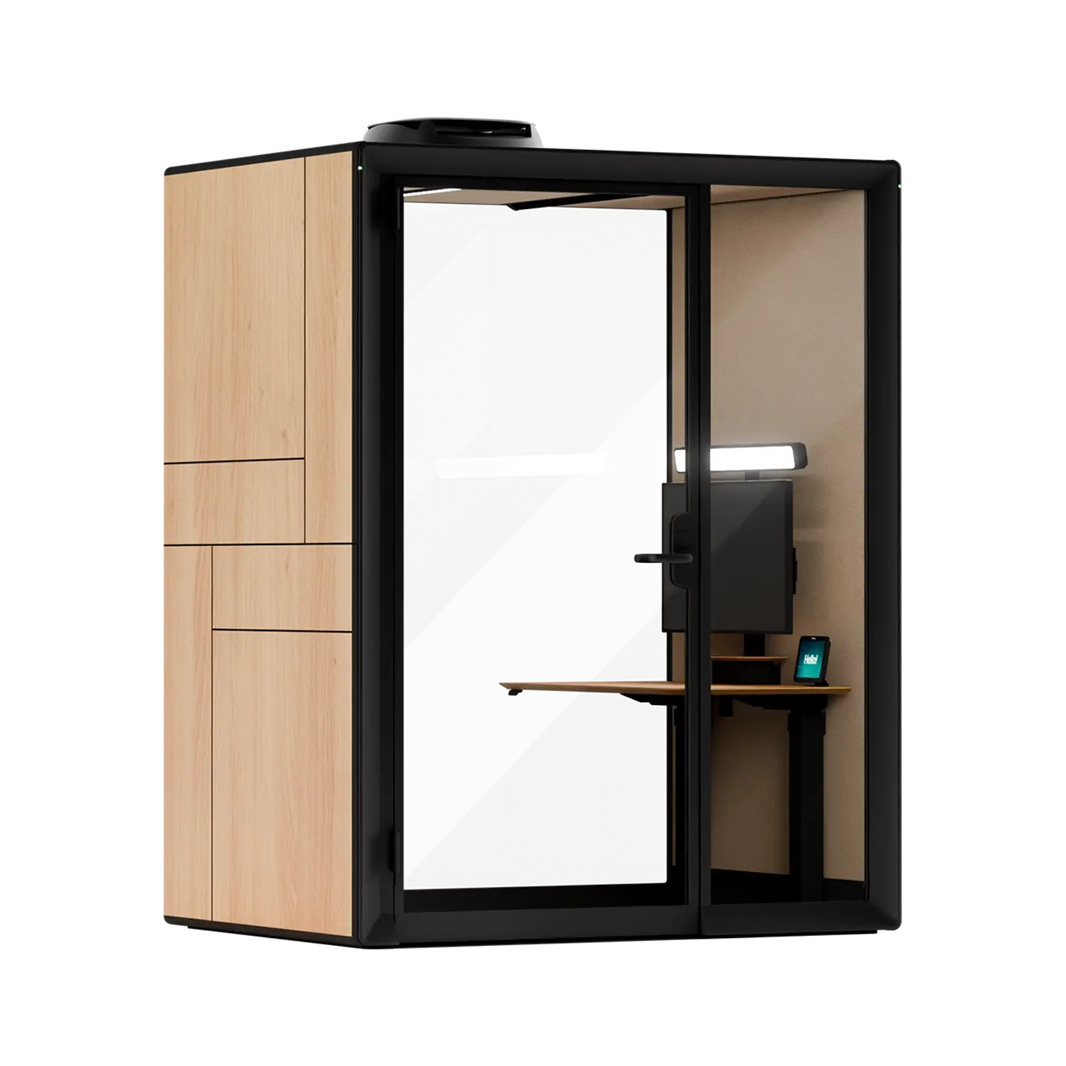 A Framery Gradus Work smart and soundproof work pod with oak exterior and a desk inside.