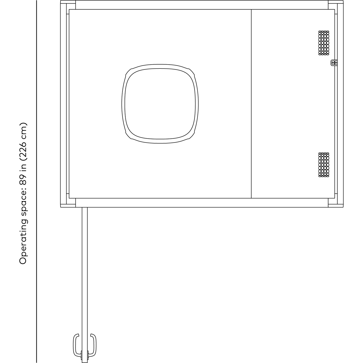 Black and white line drawing with dimensions of Framery Gradus Work work pods operating space from top view.