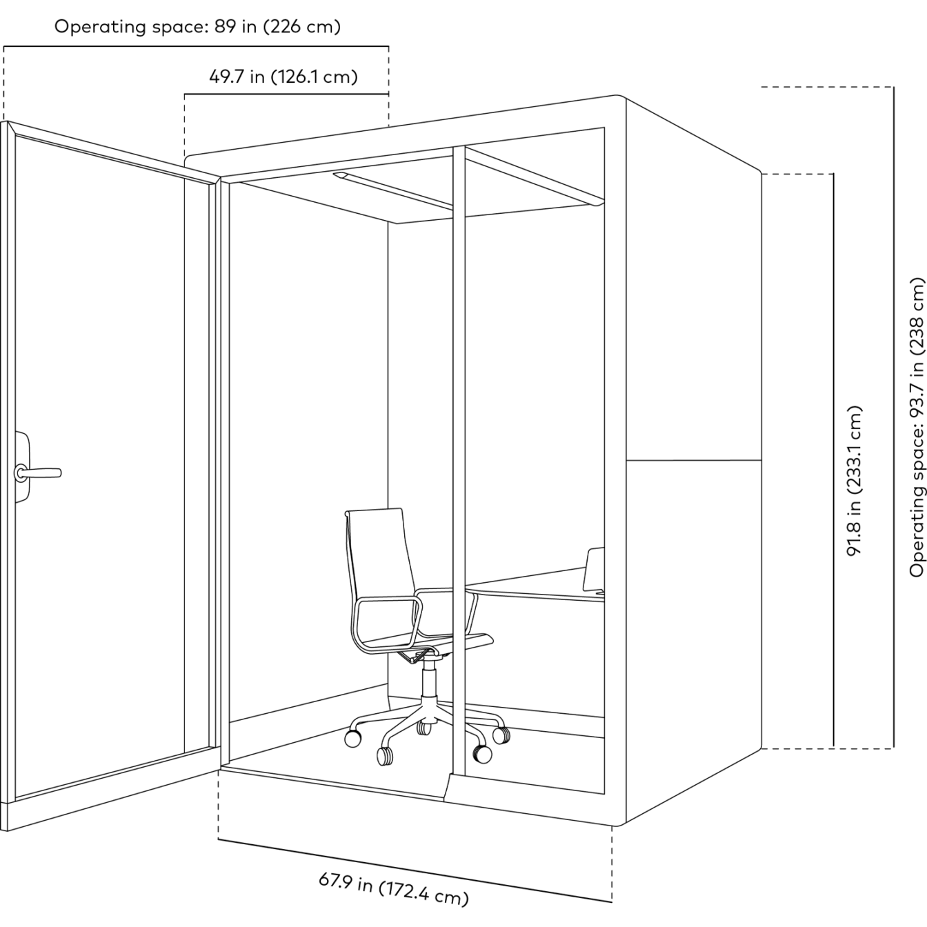 Black and white line drawing with dimensions of Framery Gradus Work work pods operating space from side view.