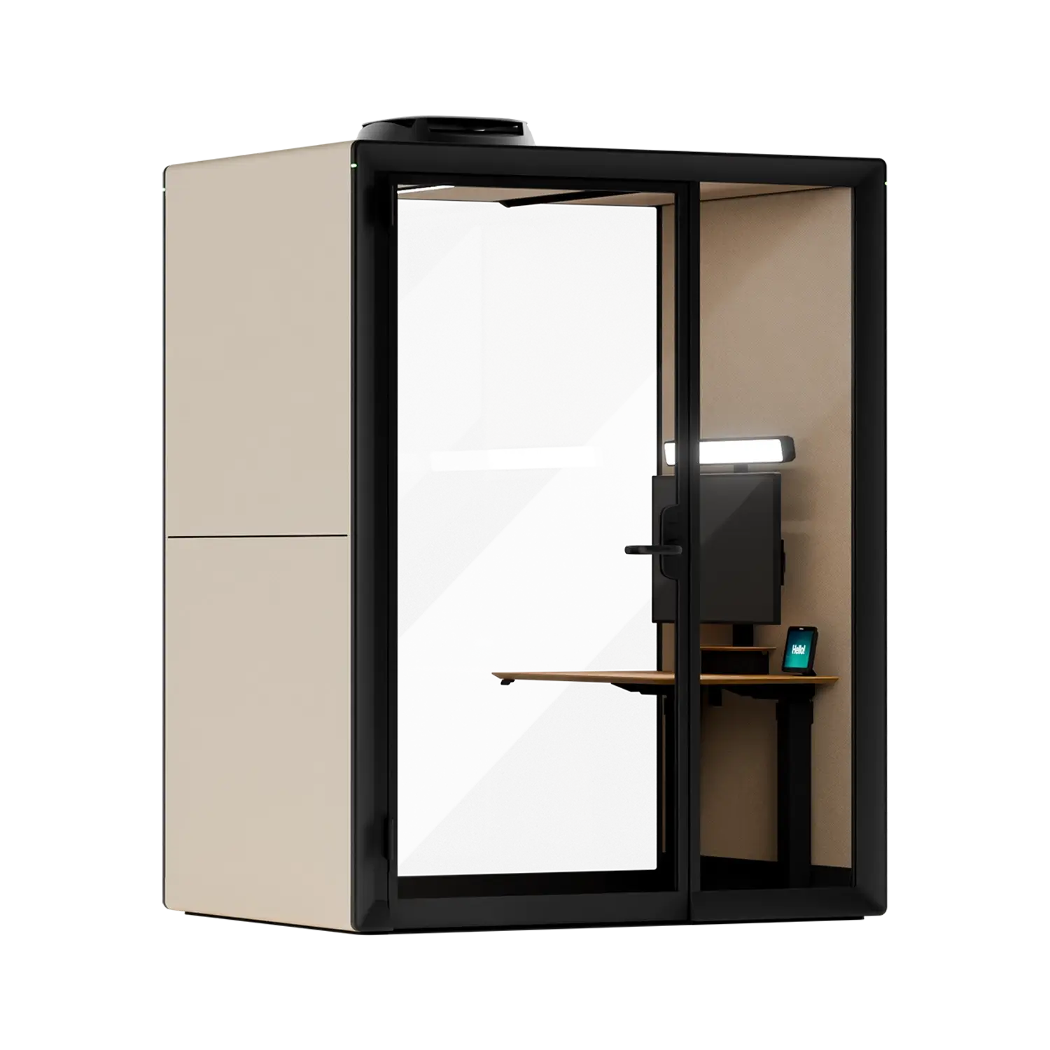 A Framery Gradus Work smart and soundproof work pod with sand exterior and a desk inside.