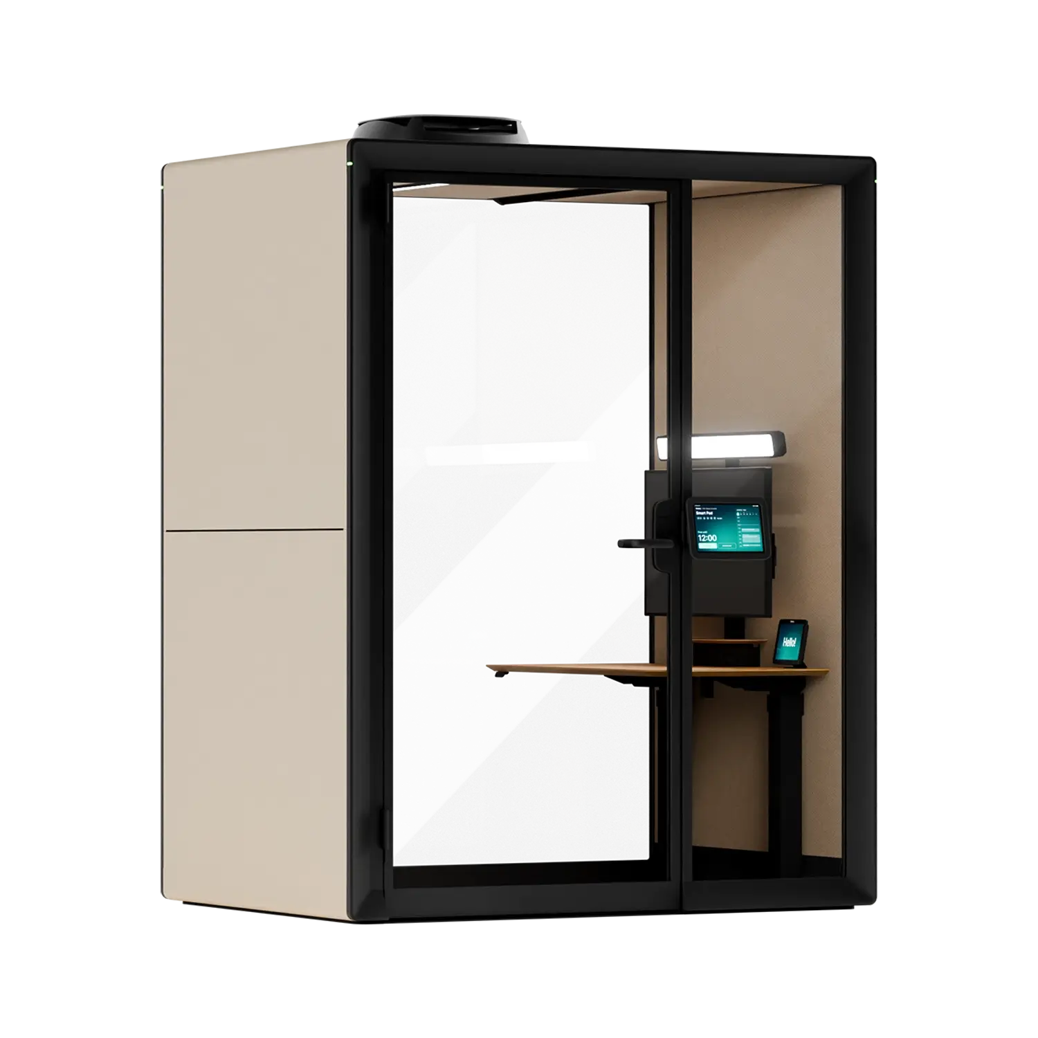 A Framery Gradus Work smart and soundproof work pod with sand exterior, room display and a desk inside.