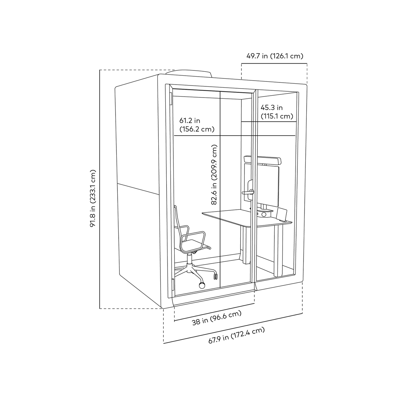 Framery Gradus Work pods main dimensions in line drawing.