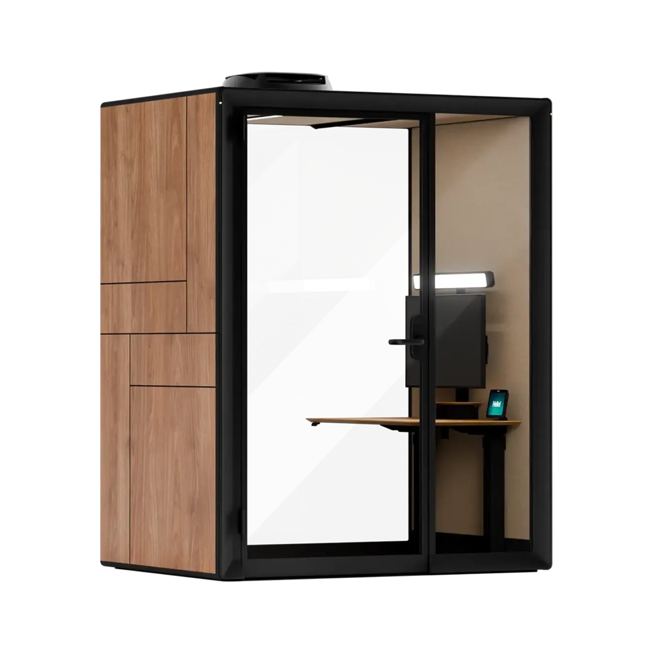 A Framery Gradus Work smart and soundproof work pod with walnut exterior and a desk inside.