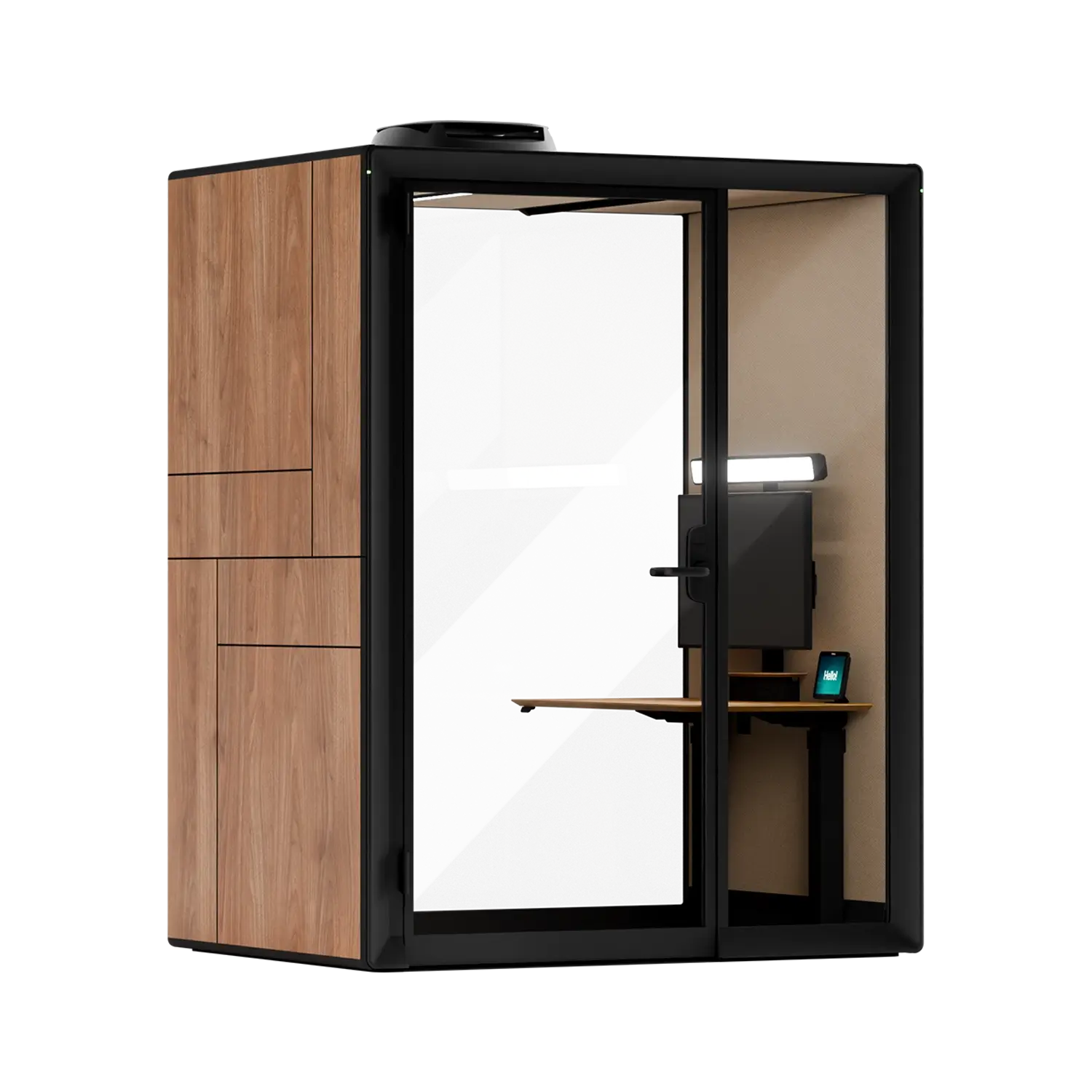 A Framery Gradus Work smart and soundproof work pod with walnut exterior and a desk inside.