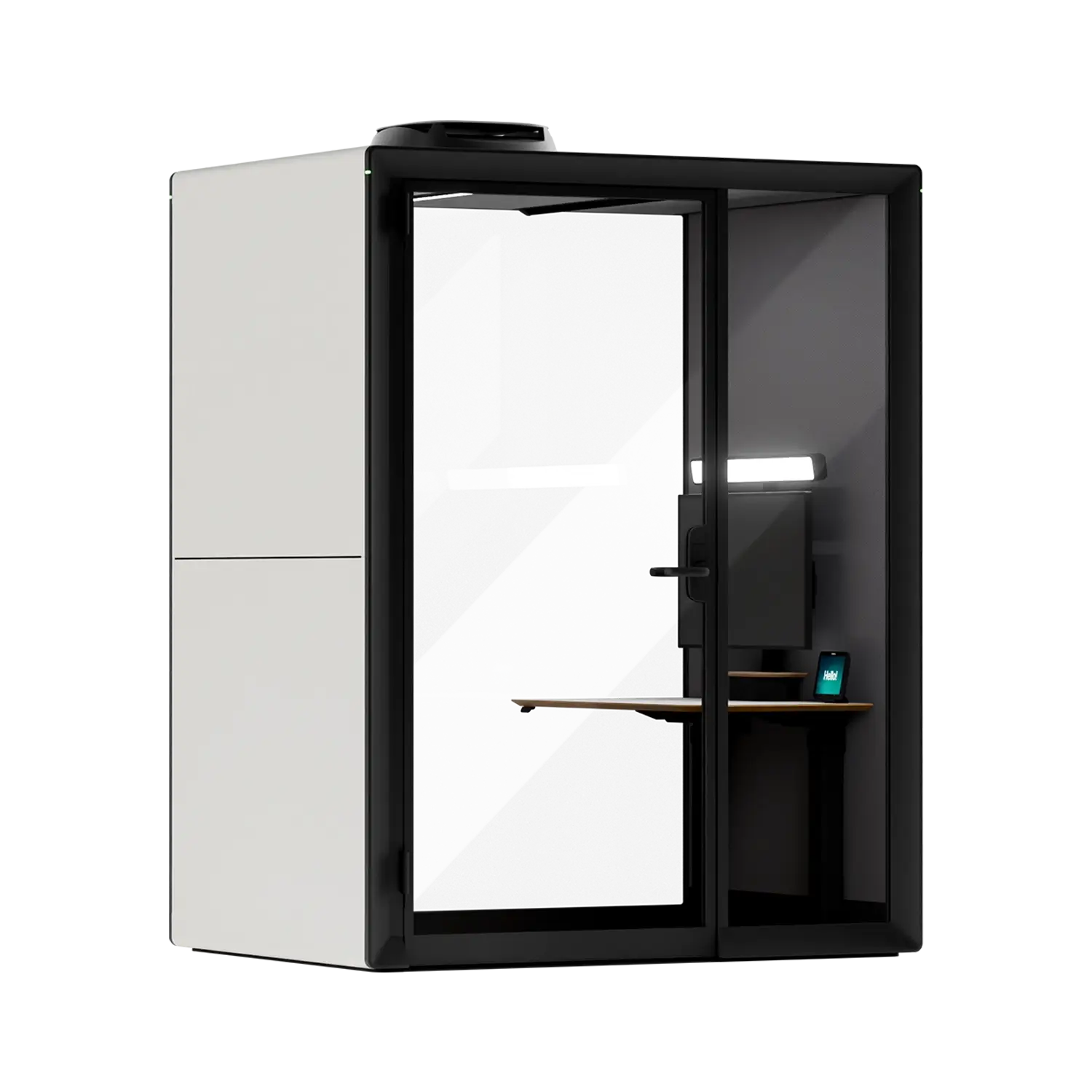 A Framery Gradus Work smart and soundproof work pod with white exterior and a desk inside.