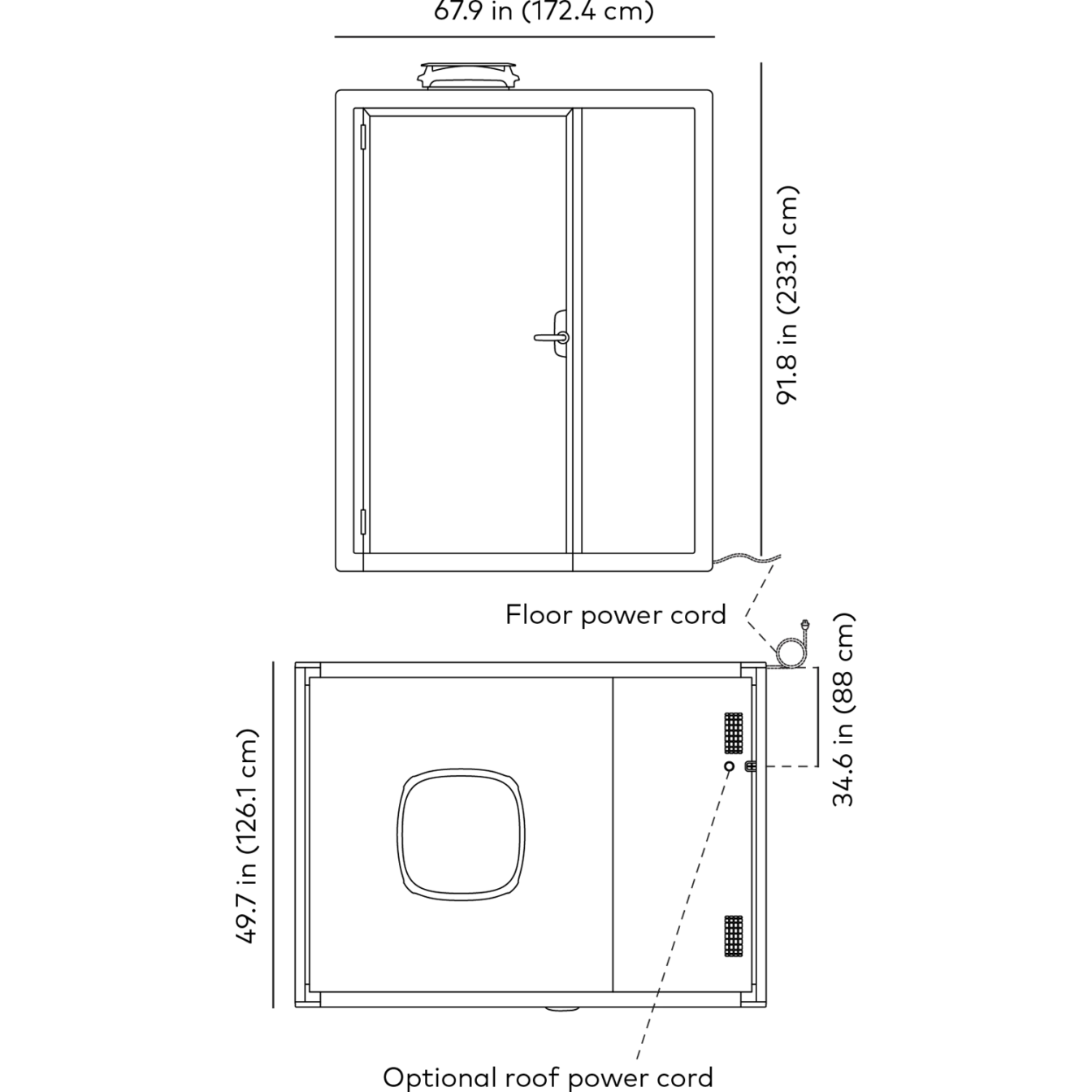 Line drawings with measurements of Framery Gradus Work pods power cord specifications.