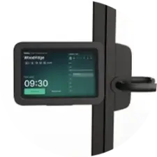 Touchscreen tablet mounted on a vertical pole with a clamp.