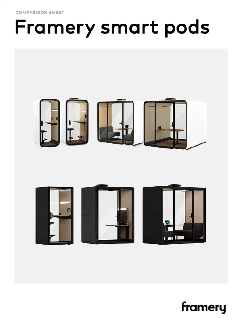 Comparison sheet showing multiple Framery smart pods in different sizes arranged in two rows on a light background.