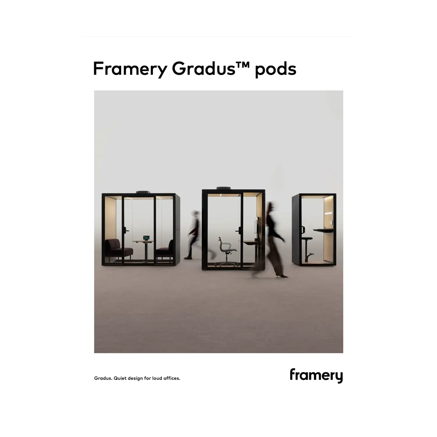 Three Framery Gradus office pods with people walking by, against a pale background.