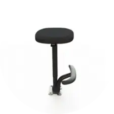 Black round-padded stool with a single pedestal and curved footrest on a white background.