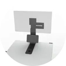 A white desktop stand with a black adjustable arm holding a monitor.