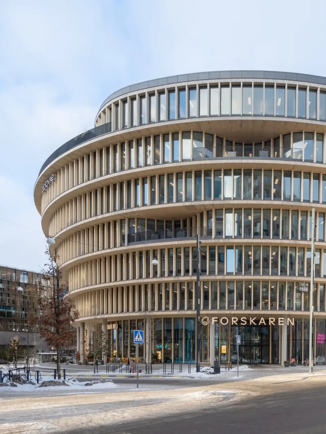 An architectural round office building.