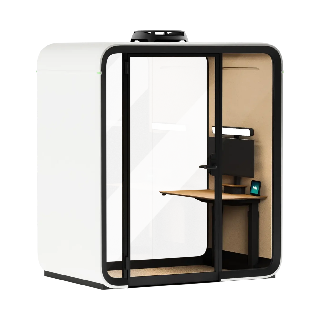 Modern glass-front private Framery One Work office workstation pod with a glass door, an interior desk, and a wall mounted monitor.