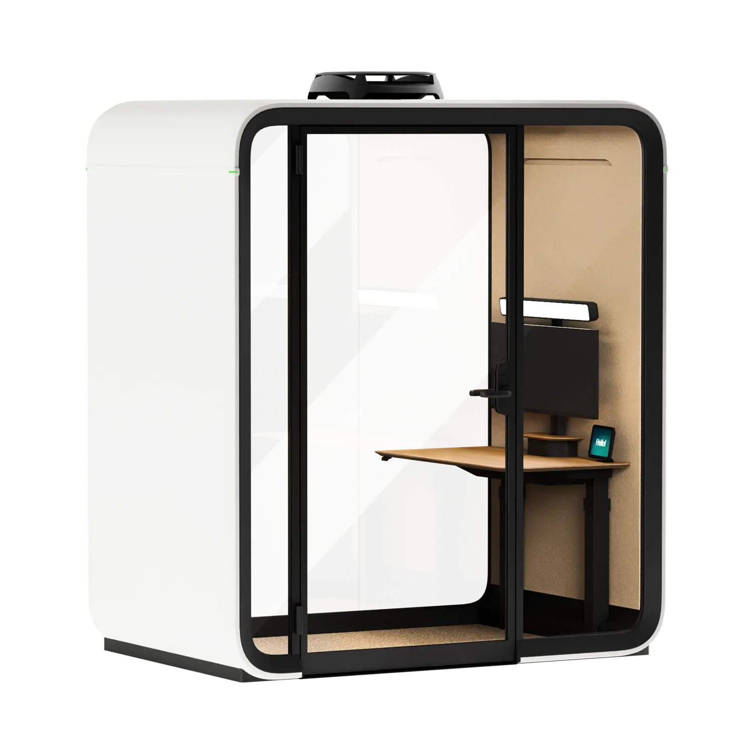 Modern glass-front private Framery One Work office workstation pod with a glass door, an interior desk, and a wall mounted monitor.