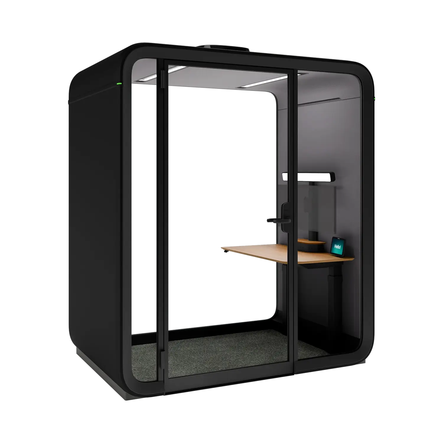 A compact black Framery One Work workstation pod with a glass door and a small desk inside.