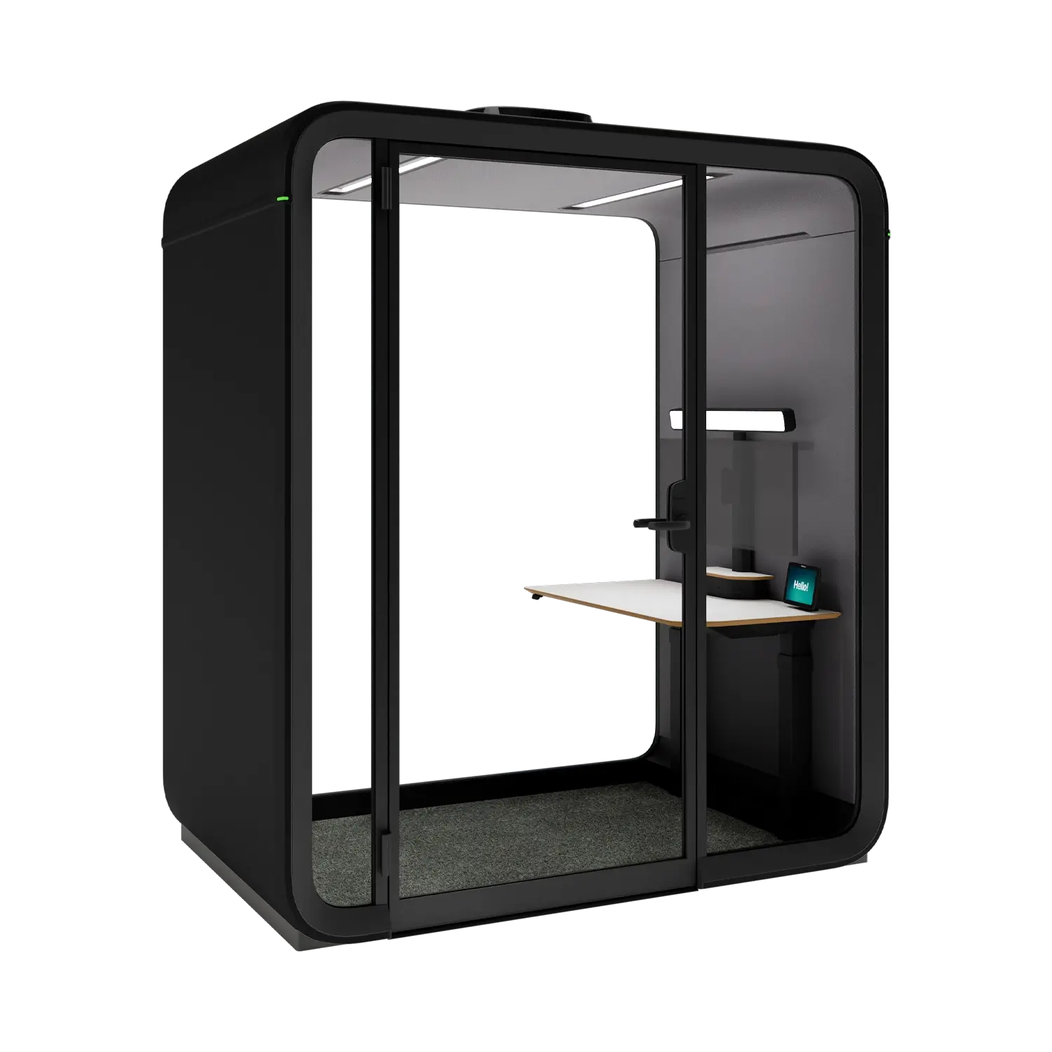 A compact black Framery One Work workstation pod with a glass door and a small desk inside.