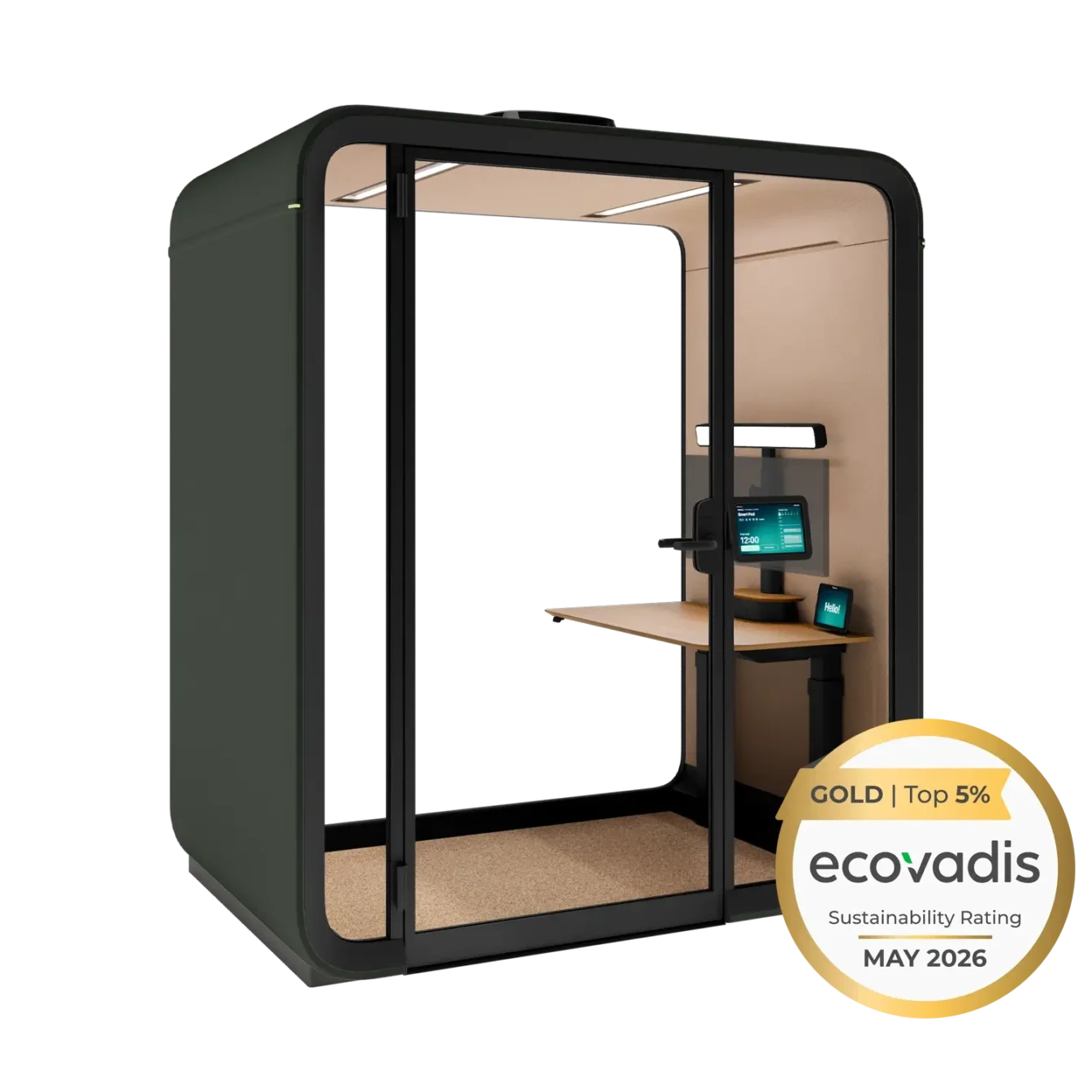 Modular Framery One Work workstation pod with a glass door, featuring a desk, computer monitor, and a Gold Ecovadis sustainability badge.