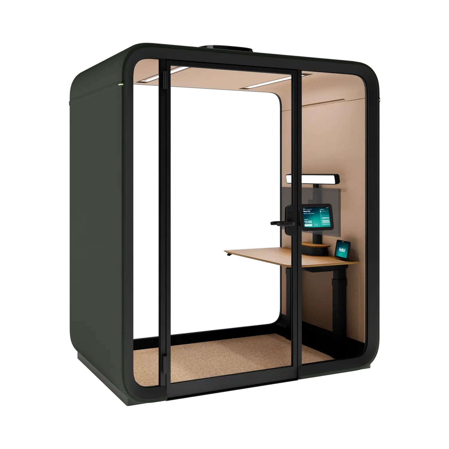 Compact glass-front Framery One Work workstation pod with a desk and monitor setup inside.