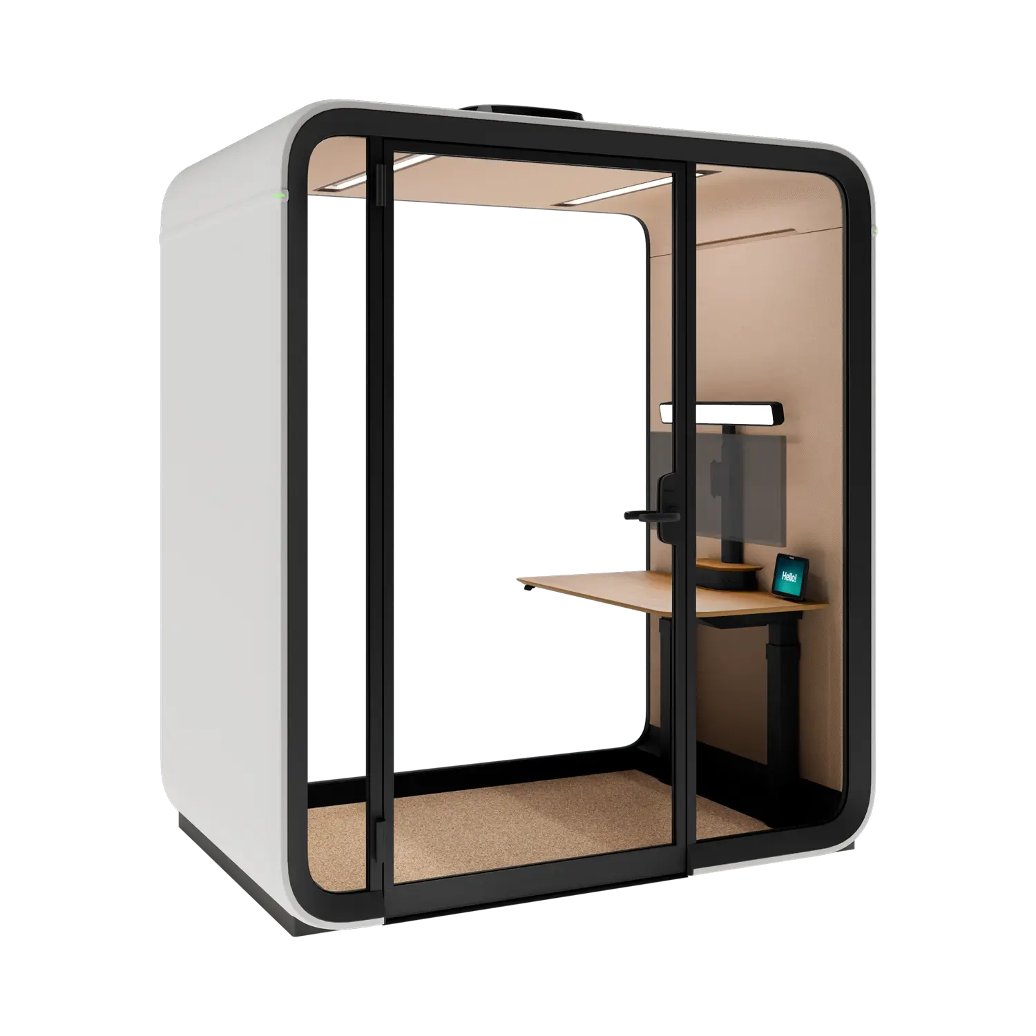 Compact white Framery One Work workstation pod with a glass door, interior desk, monitor, and chair.