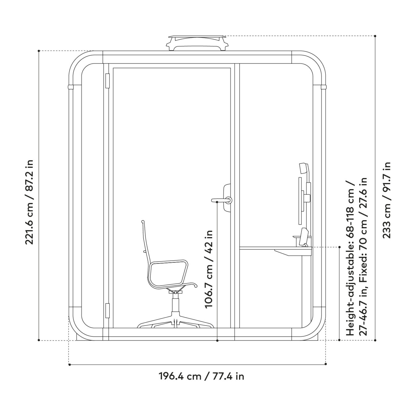A blueprint-style diagram of a Framery One Work workstation pod with dimension labels along the edges.