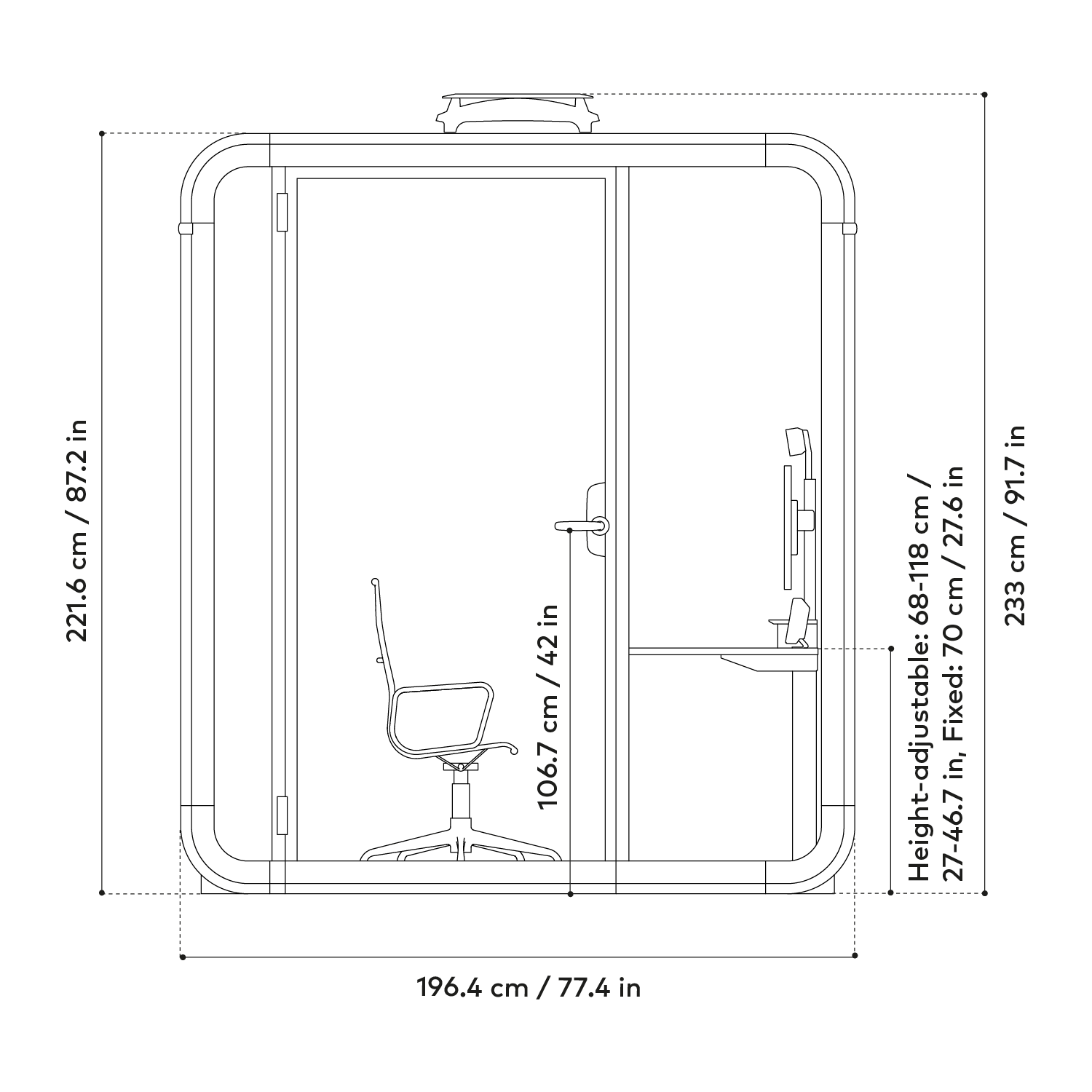 A blueprint-style diagram of a Framery One Work workstation pod with dimension labels along the edges.