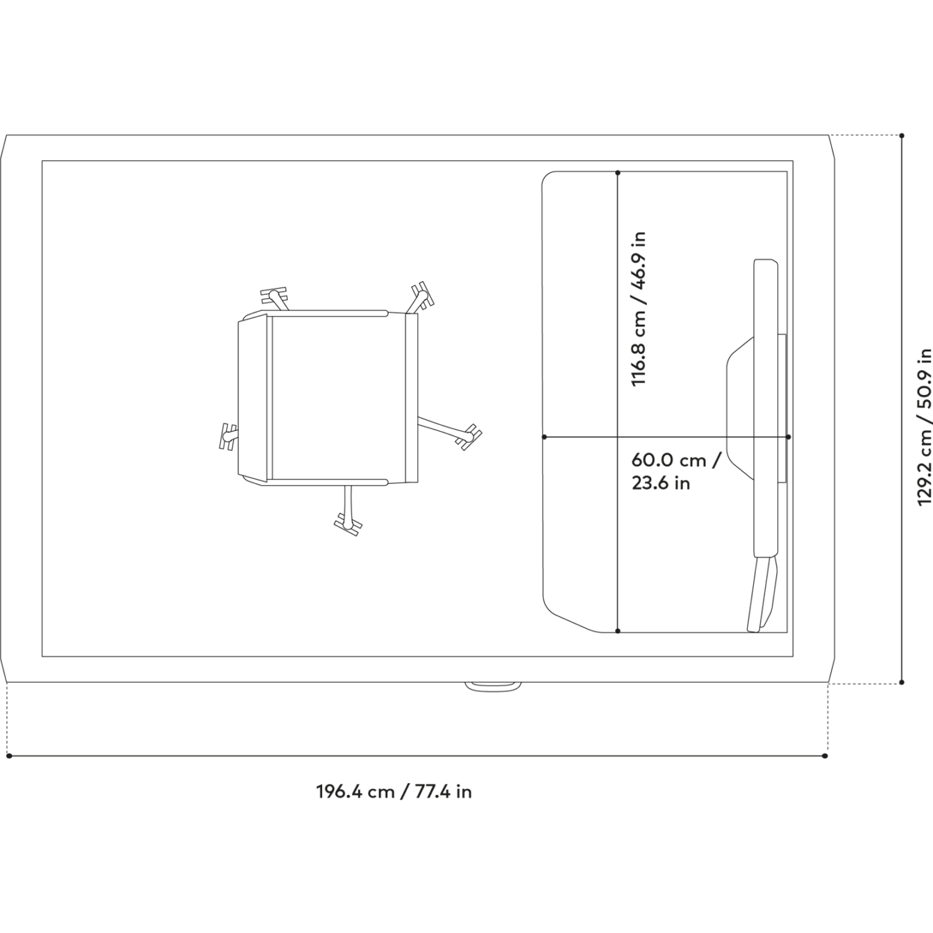 Technical drawing of Framery One Work workstation pod showing outlines and dimension labels.