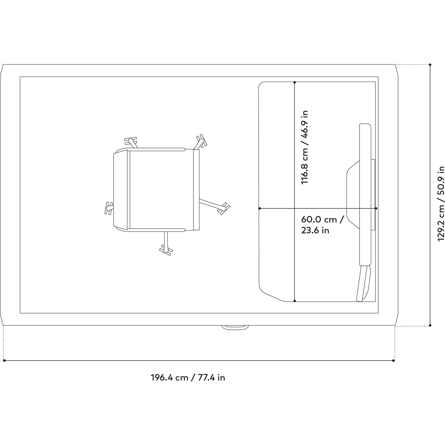 Technical drawing of Framery One Work workstation pod showing outlines and dimension labels.