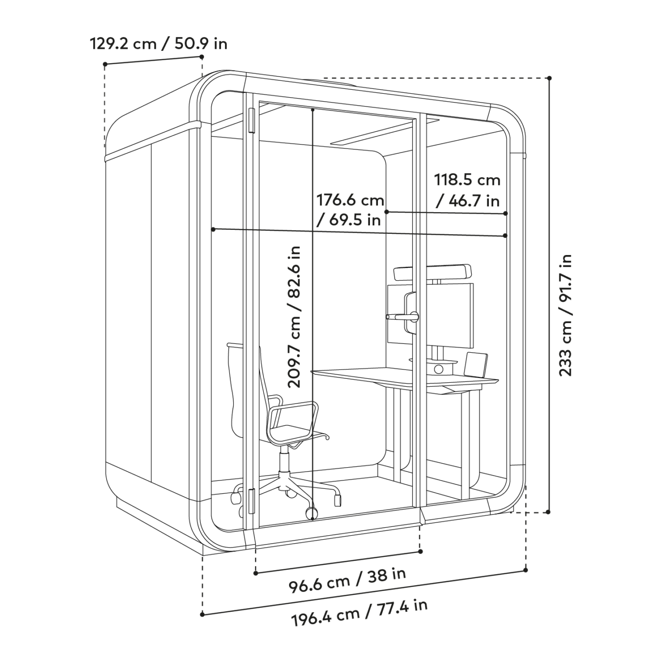 Blueprint-style technical diagram of a Framery One Work workstation pod with multiple dimension lines and annotations in metric and imperial units.